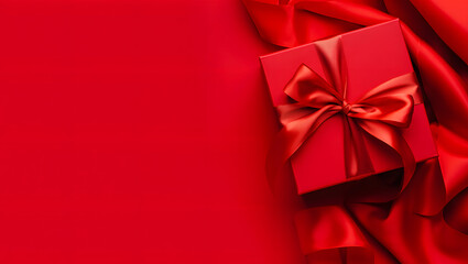 Elegant black gift box with satin bow on luxurious fabric