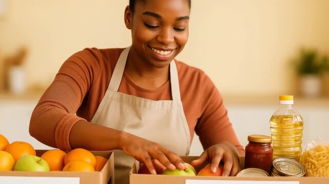 Smiling volunteer woman sorting fresh fruit and food donations into cardboard boxes at community charity center indoors