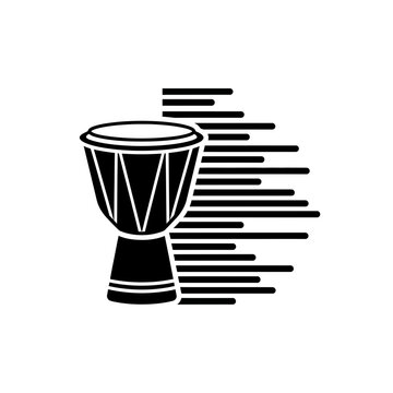 Dynamic black and white djembe drum icon symbolizing rhythmic music performance and cultural sound waves