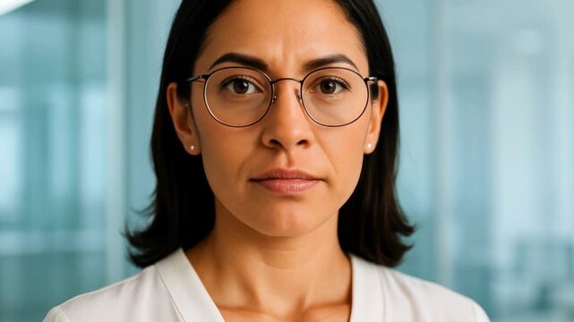 Confident young professional woman wearing glasses standing in modern office, serious expression and focused gaze in corporate workspace