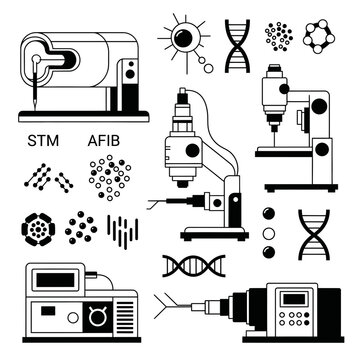 Essential black and white icons detailing advanced scanning probe microscopy and atomic force microscopy tools for cutting edge research
