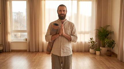 Caucasian man with beard holding yoga mat and showing namaste gesture in bright studio. Healthy lifestyle and small business owner banner with copy space