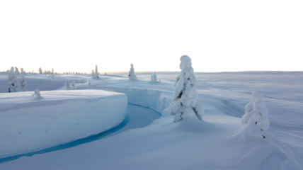 Snowy winter landscape with unique snow-covered structures . Isolated on transparent background, png