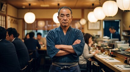 Asian man chef in traditional blue apron standing with arms crossed in busy Japanese restaurant. Professional hospitality and culinary business owner