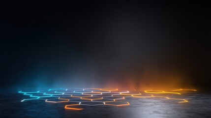 Abstract glowing hexagonal pattern with vibrant blue and orange lights