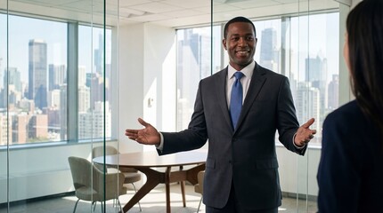 Black businessman in suit gesturing with open arms and smiling while talking to colleague in modern office with city skyline view. Business leadership and welcoming client banner with copy space
