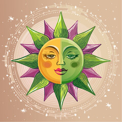 Stylized sun with a human face, half yellow and half green, surrounded by leaves and a circular pattern.