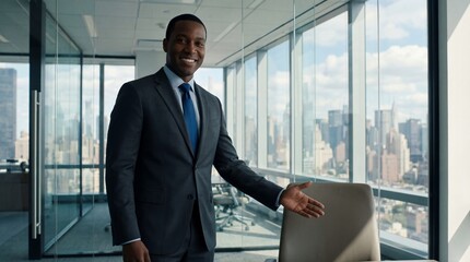 African American businessman in suit standing in modern office and gesturing to empty chair while smiling. Corporate leadership and welcoming new employee