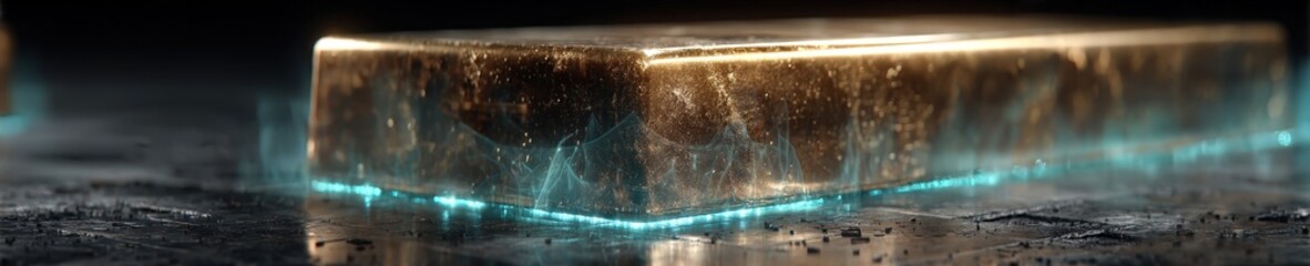 Futuristic Golden Bar with Glowing Edge on Dark Surface in Studio Setting