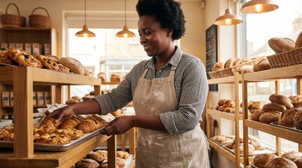 African american woman in apron arranging fresh pastries on shelf in bakery shop. Small business ownership and food service industry