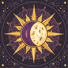 Detailed illustration of a sun and moon design with intricate details and a celestial theme.
