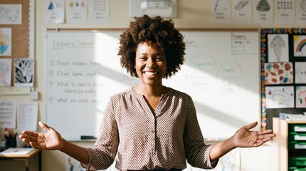 Black woman teacher with afro hair standing with open arms and smiling in classroom. Education and welcoming back to school learning environment