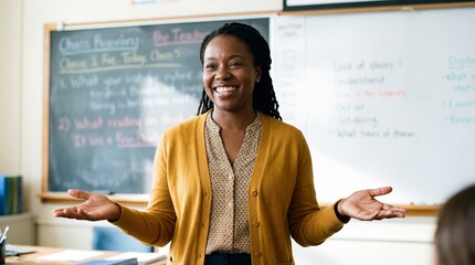 Black woman teacher with dreadlocks standing in classroom with open arms and smiling. Education and welcoming learning environment