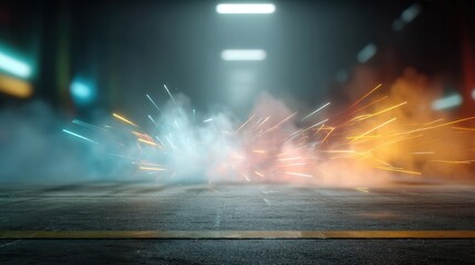 Colorful Smoke and Light Effects in a Dark Urban Environment at Night