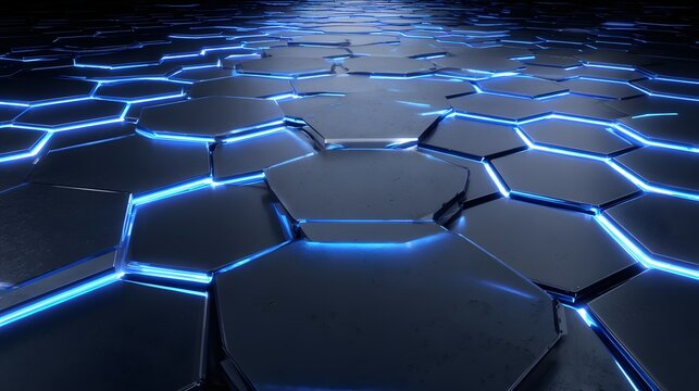 Futuristic Hexagonal Pattern with Glowing Blue Edges - Technological Abstract. - Powered by Adobe
