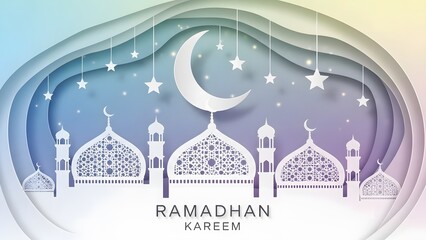 Celebrating Ramadhan with Mosque Silhouettes under Crescent Moon and Stars