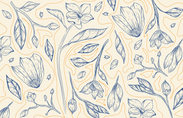 Obraz premium handdrawn seamless floral pattern with bud's flowers, branches, blooming flowers seamless pattern backgrounds
