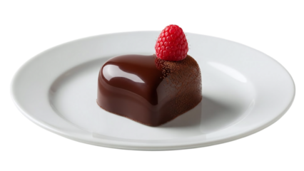 Delicious chocolate heart dessert with raspberry topping isolated on transparent background