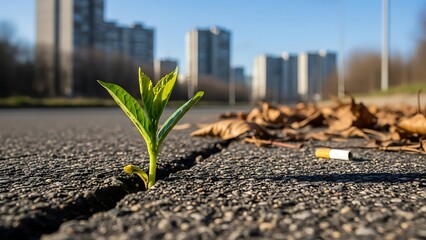 A single green plant grows through a crack in the asphalt road