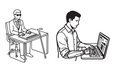 Disability Inclusion in the Workplace: Blind Man and Man with Prosthetic Arm Working Vector Illustration