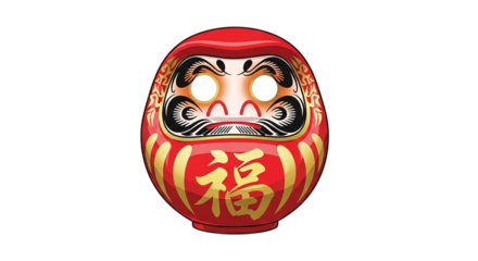 Red daruma doll with japanese characters isolated on transparent background