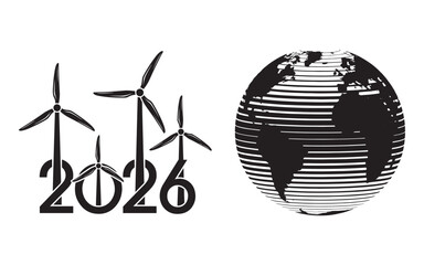 2026 Renewable Energy Concept with Wind Turbines and Stylized Globe Vector Illustration