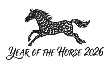 Chinese New Year 2026 Year of the Horse Ornamental Vector Illustration with Floral Patterns