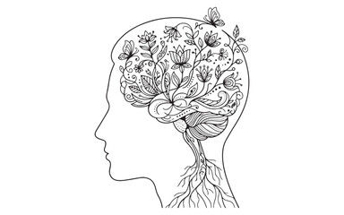 Blooming Mind Concept: Human Head Silhouette with Floral Brain and Roots Vector Illustration