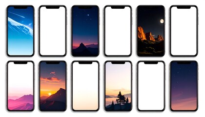 Collection of smartphone mockups with various nature-themed wallpapers.