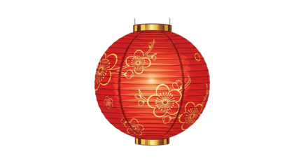 Decorative red lantern with golden flowers isolated on transparent background