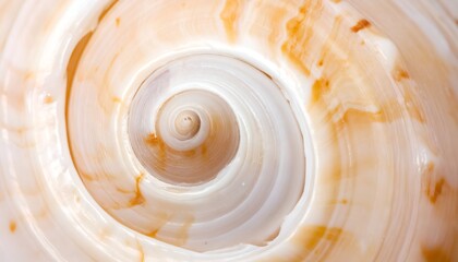 Close-up view of a seashell's spiral interior with smooth, iridescent surfaces