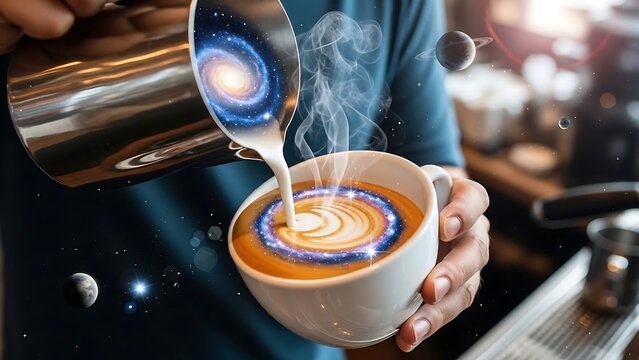 Barista creating latte art in coffee shop.