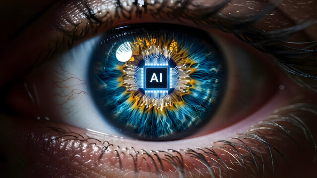 Close up human eye with glowing blue and gold circuit board pattern featuring an AI chip in the center, concept of artificial intelligence integration and cybernetic vision - Powered by Adobe