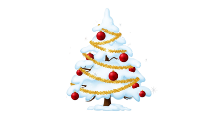 Snowy christmas tree with red ornaments isolated on transparent background
