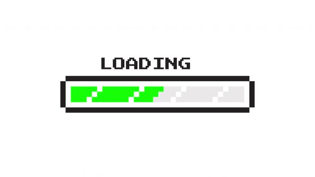 Pixel UI loading bar filling smoothly with bright green blocks on white background