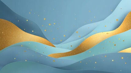 Elegant Abstract Wave Background in Soft Blue and Gold Hues with Sparkles