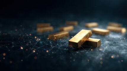 Golden Bars on Dark Background with Bright Glimmering Particles and Sparks
