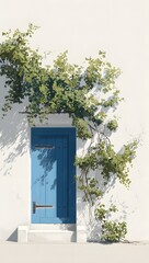 Traditional Greek Island Architecture featuring a Vibrant Blue Door set in a White Washed Wall with Green Climbing Plants and Shadows