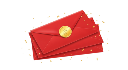 Stack of red envelopes with gold seal isolated on transparent background