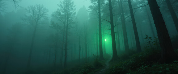 Naklejka premium Mysterious green light illuminates foggy forest trail enigmatic nature scene serene atmosphere enchanted landscape