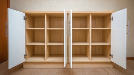 Modern Wooden Cabinet with Open and Closed Doors Featuring Multiple Storage Compartments for Home and Office Organization Needs