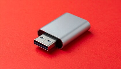 Silver USB Flash Drive on Red Background.