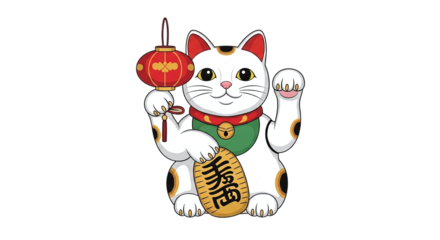 Fortunate cat holding lantern and coin isolated on transparent background
