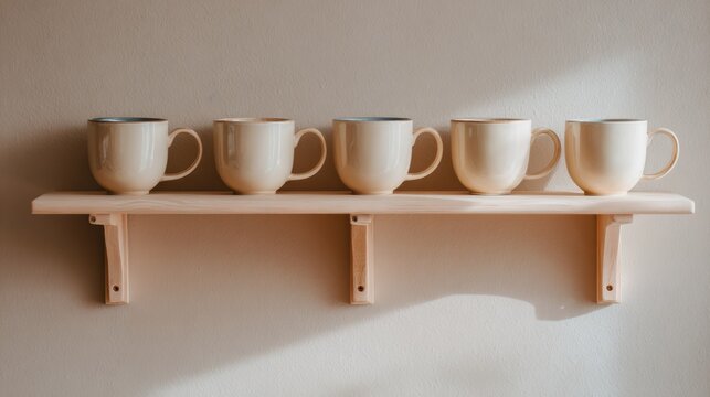 Elegant ceramic mugs arranged on a minimalistic wooden shelf against a soft wall, showcasing subtle design and natural tones for cozy home decor inspiration