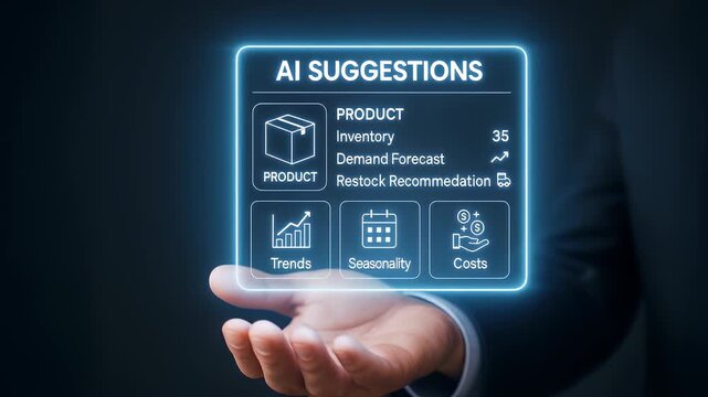 AI suggestions for product inventory demand forecast restock recommendation trends seasonality and cost analysis displayed on futuristic digital interface for business technology and market insights