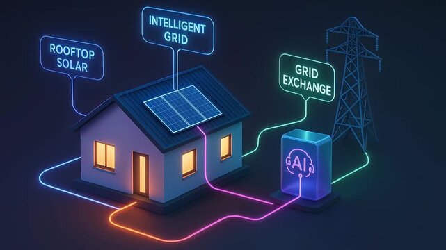 Smart home rooftop solar panel connected intelligent grid AI powered grid exchange system glowing lines illustrate energy flow modern sustainable technology integration futuristic design