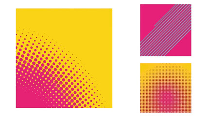 Three abstract graphic designs with vibrant colors and patterns, including halftone and diagonal stripes.