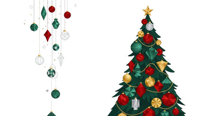 Decorated christmas tree with hanging ornaments isolated on transparent background