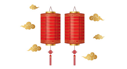 Vibrant red lanterns with golden clouds isolated on transparent background