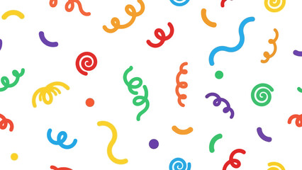A vibrant and playful seamless pattern of colorful confetti and streamers on a white background.
